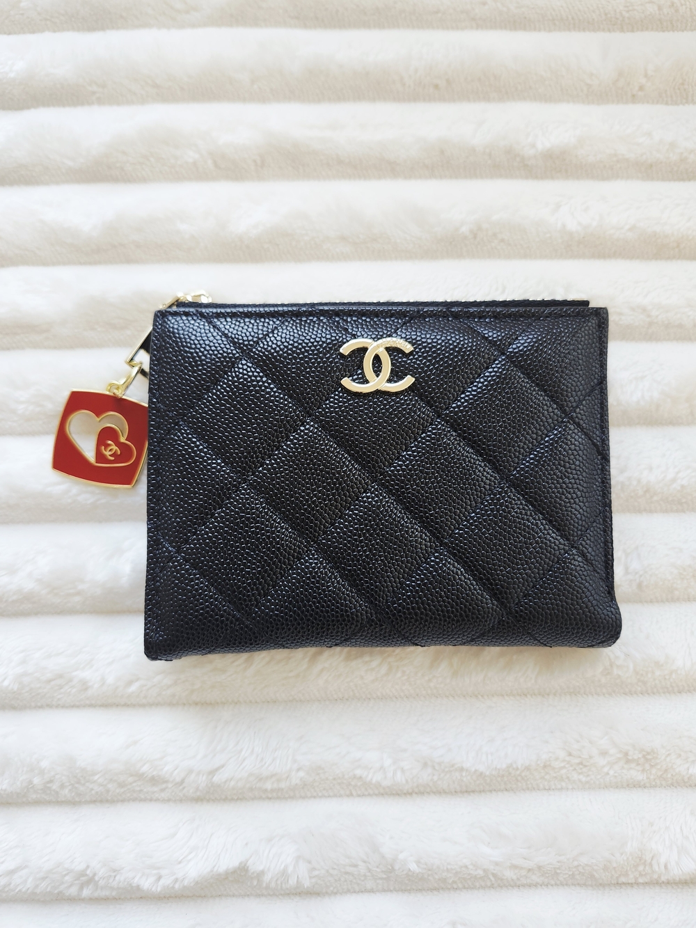 Black Quilted Caviar Leather Zip Pouch with Gold CC and Red Heart Charm - GWP
